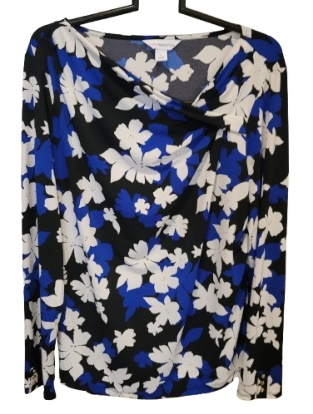 Liz Claiborne Blue Black White Floral Asymmetric Neckline Blouse Large - Picture 3 of 13
